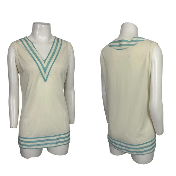 1960s Sleeveless Stripe V Neck Loungewear Long Top Sleepwear / Medium - Picture 3 of 4